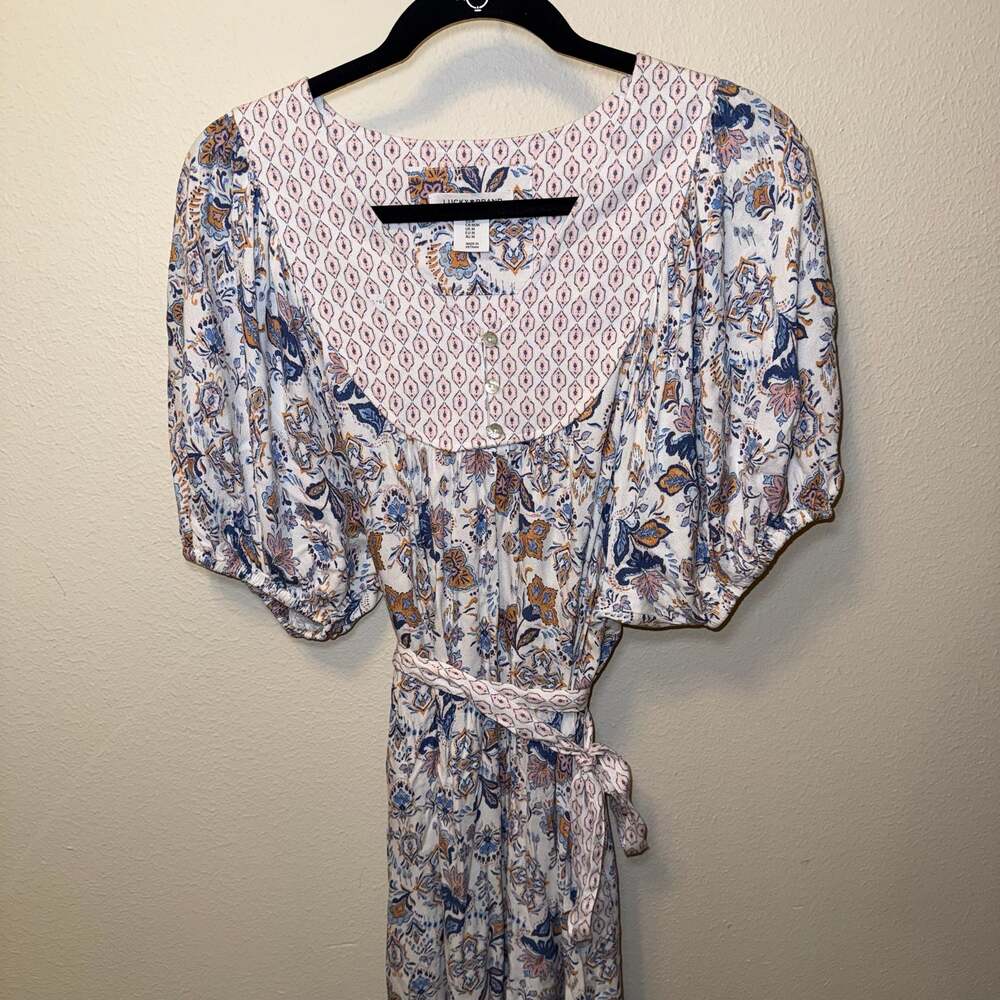 Lucky Brand Floral Print Puff Sleeve Midi Dress Size M